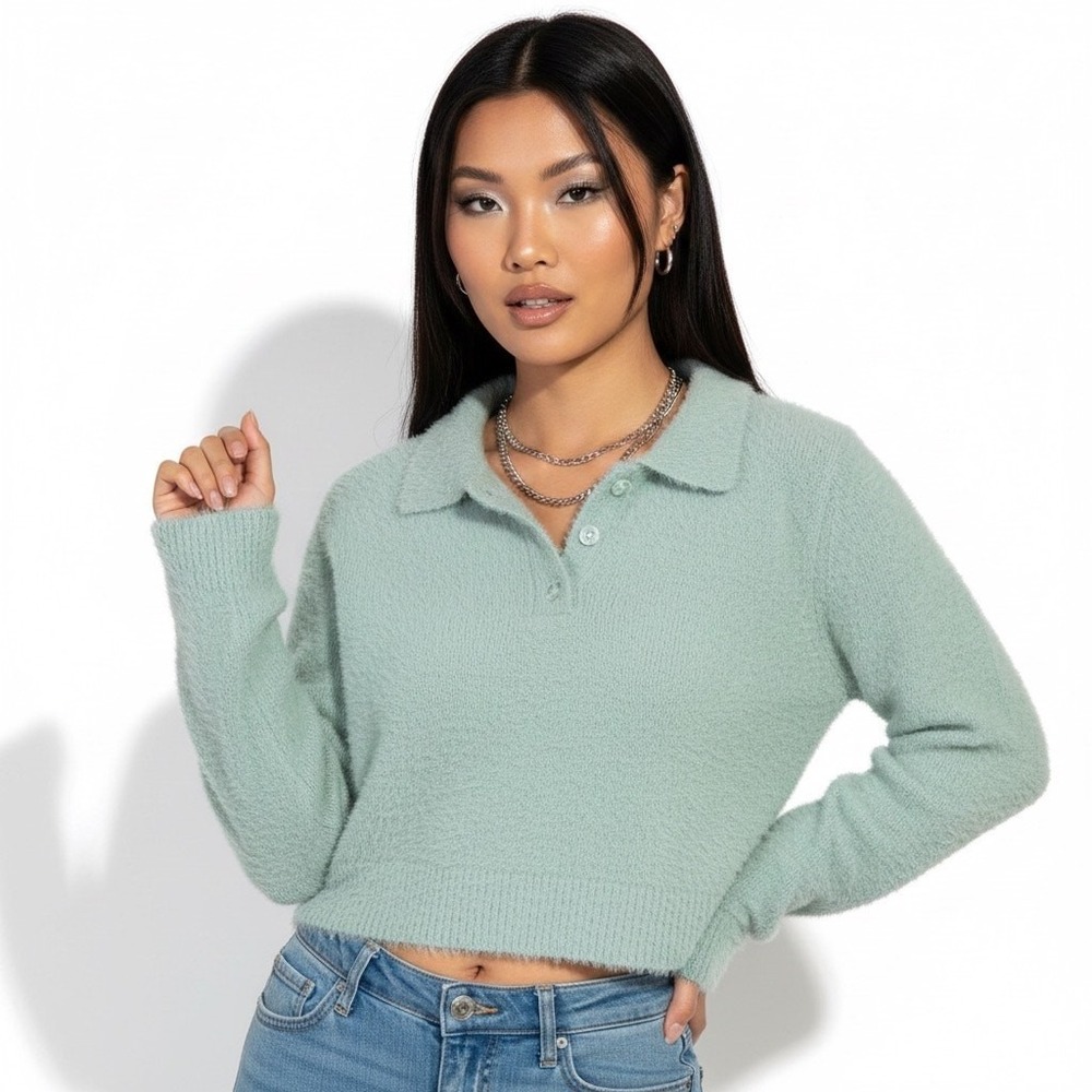 NWT Cotton Candy LA Polo Fuzzy Knit Cropped Sweater Sage Green Preppy Size L